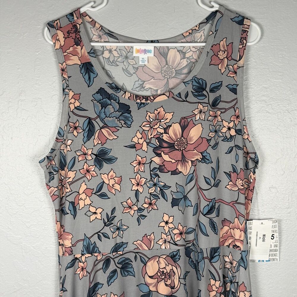 LuLaRoe Nicki Dress Women's XL Gray Pink Blue Floral Sleeveless Swing NWT - Picture 6 of 7